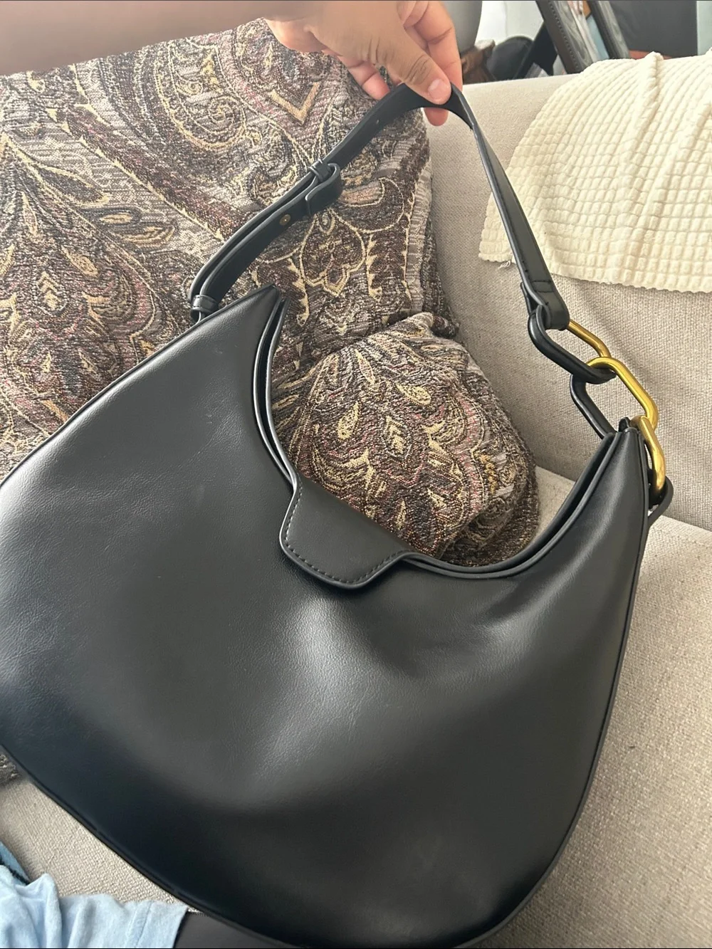 Madison West Black Leather Hobo with Gold Accent